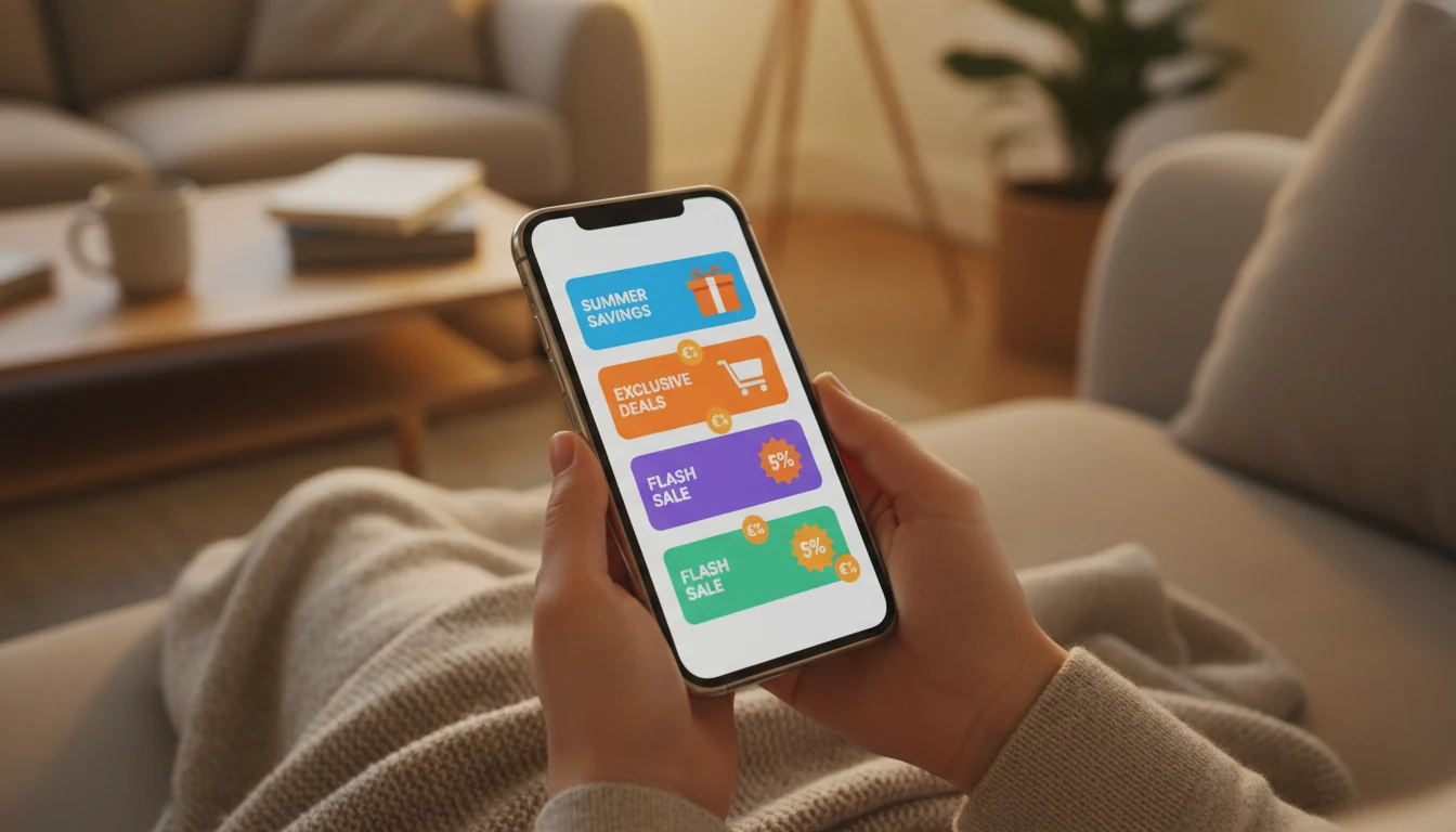 Persona consulta offerte promozionali su smartphone mentre è seduta in salotto