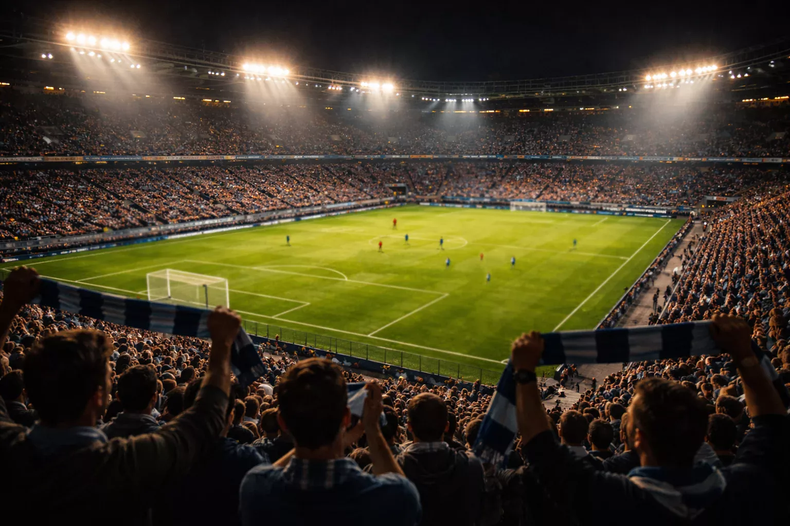 Tifosi allo stadio durante una partita di calcio serale con luci dei riflettori