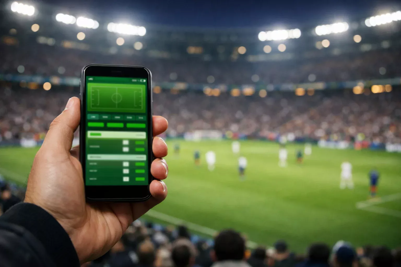 Mano di un tifoso che tiene uno smartphone con una partita di calcio in corso sullo sfondo dello stadio