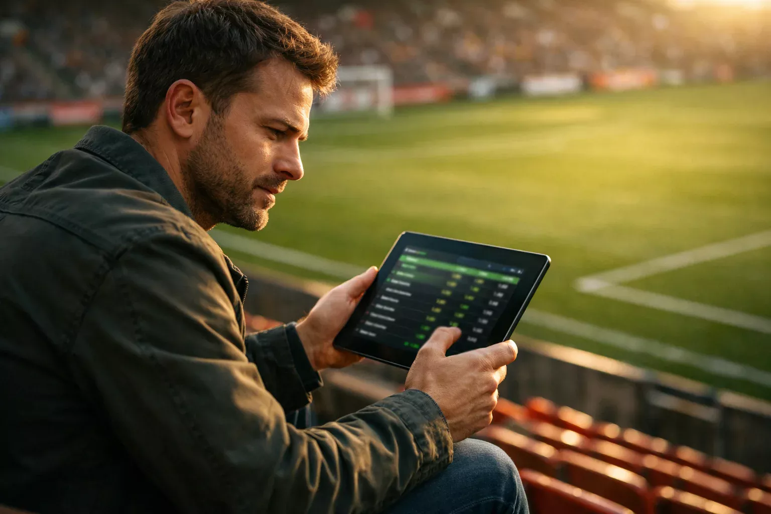 Scommettitore analizza le quote di una partita di calcio su un tablet in uno stadio
