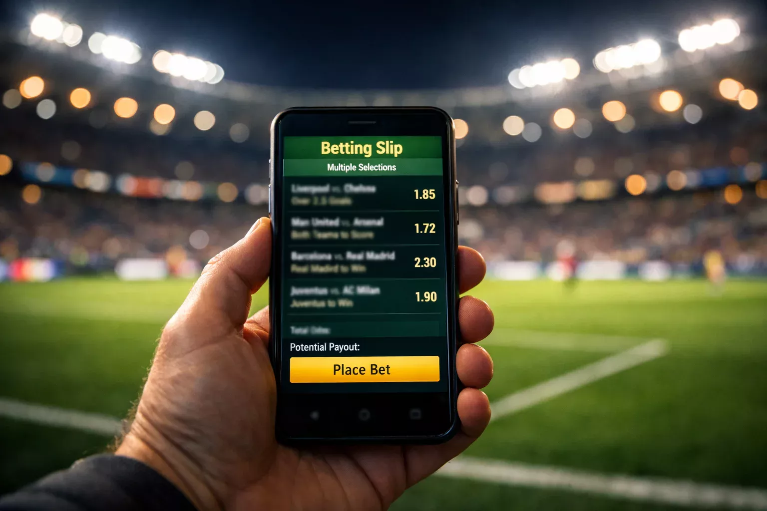 Mano che tiene uno smartphone con una schedina di scommesse davanti a un campo di calcio illuminato