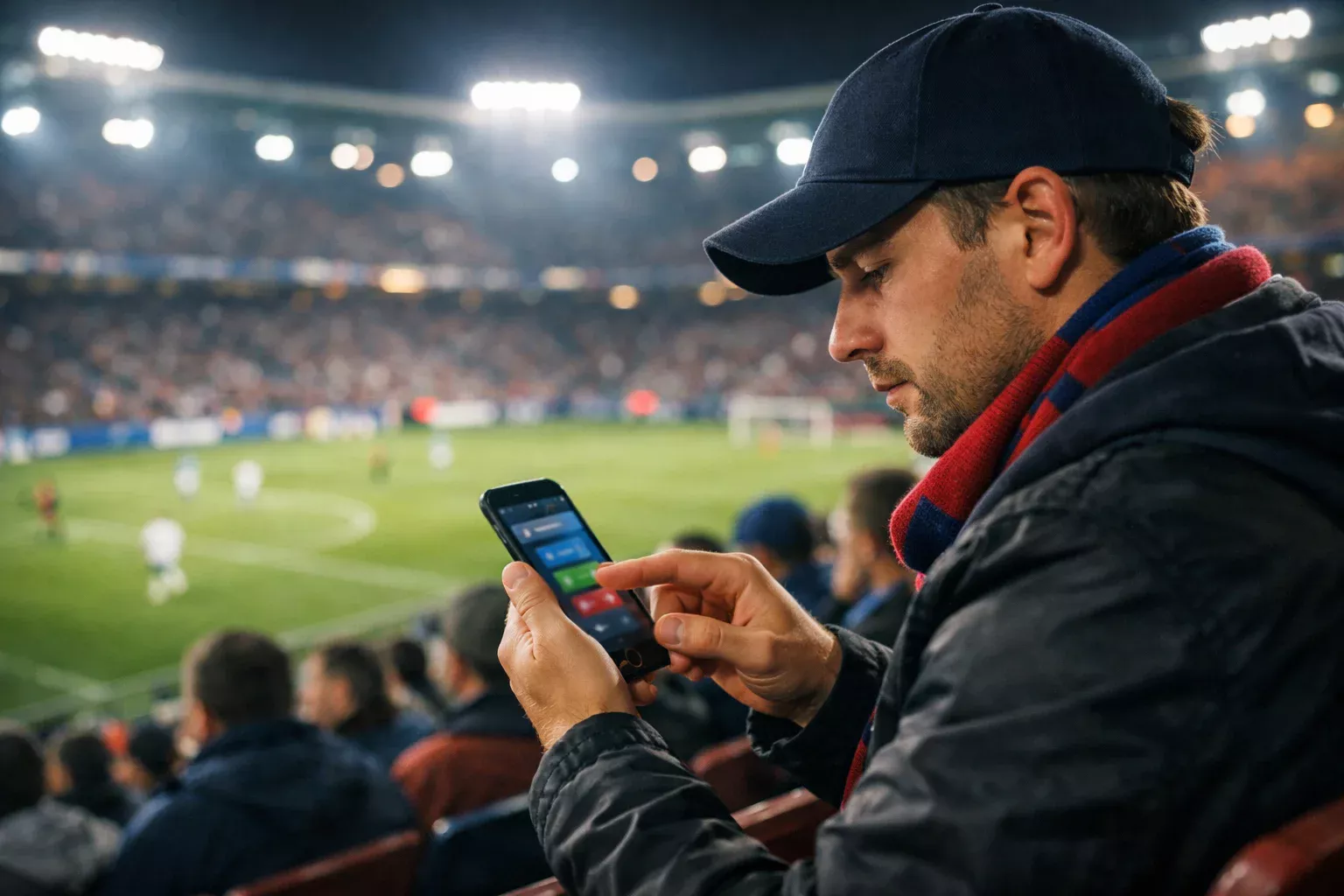 Tifoso di calcio che seleziona opzioni di scommessa sullo smartphone durante una partita serale allo stadio