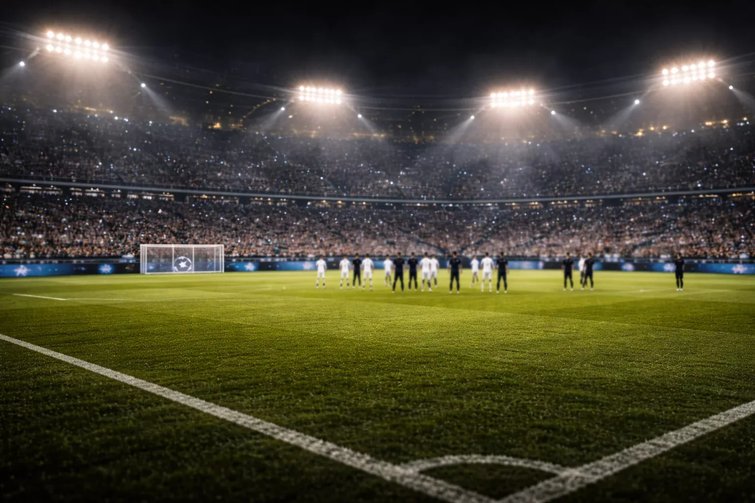 Stadio di calcio illuminato durante una partita di Champions League in notturna