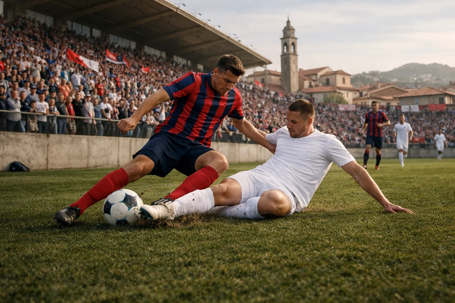 Partita di calcio di Serie B in uno stadio italiano con tifosi sugli spalti
