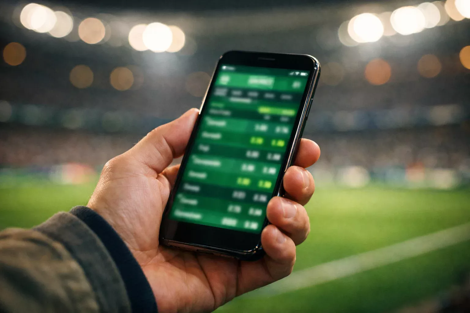 Mano che tiene uno smartphone durante una partita di calcio allo stadio