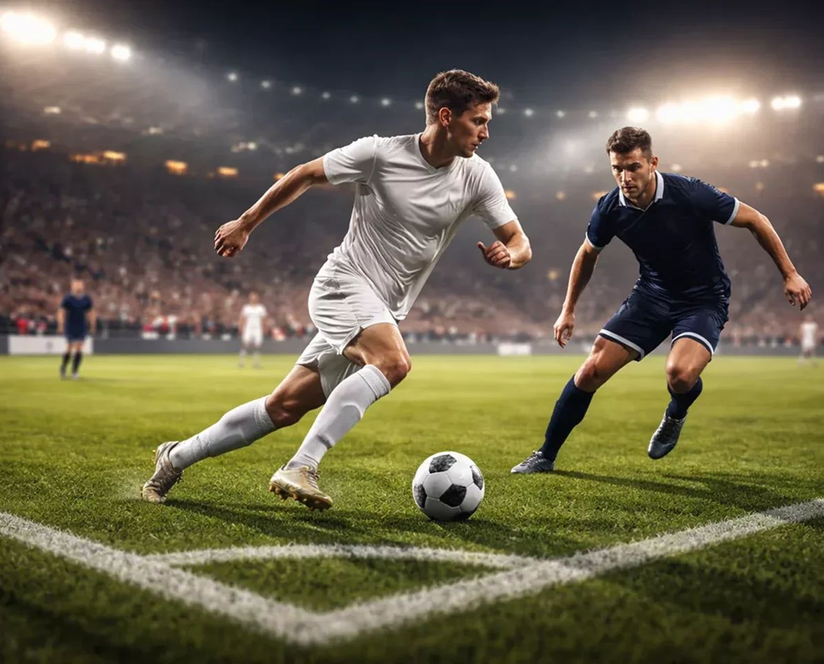 Partita di calcio in corso su campo verde illuminato dai riflettori dello stadio