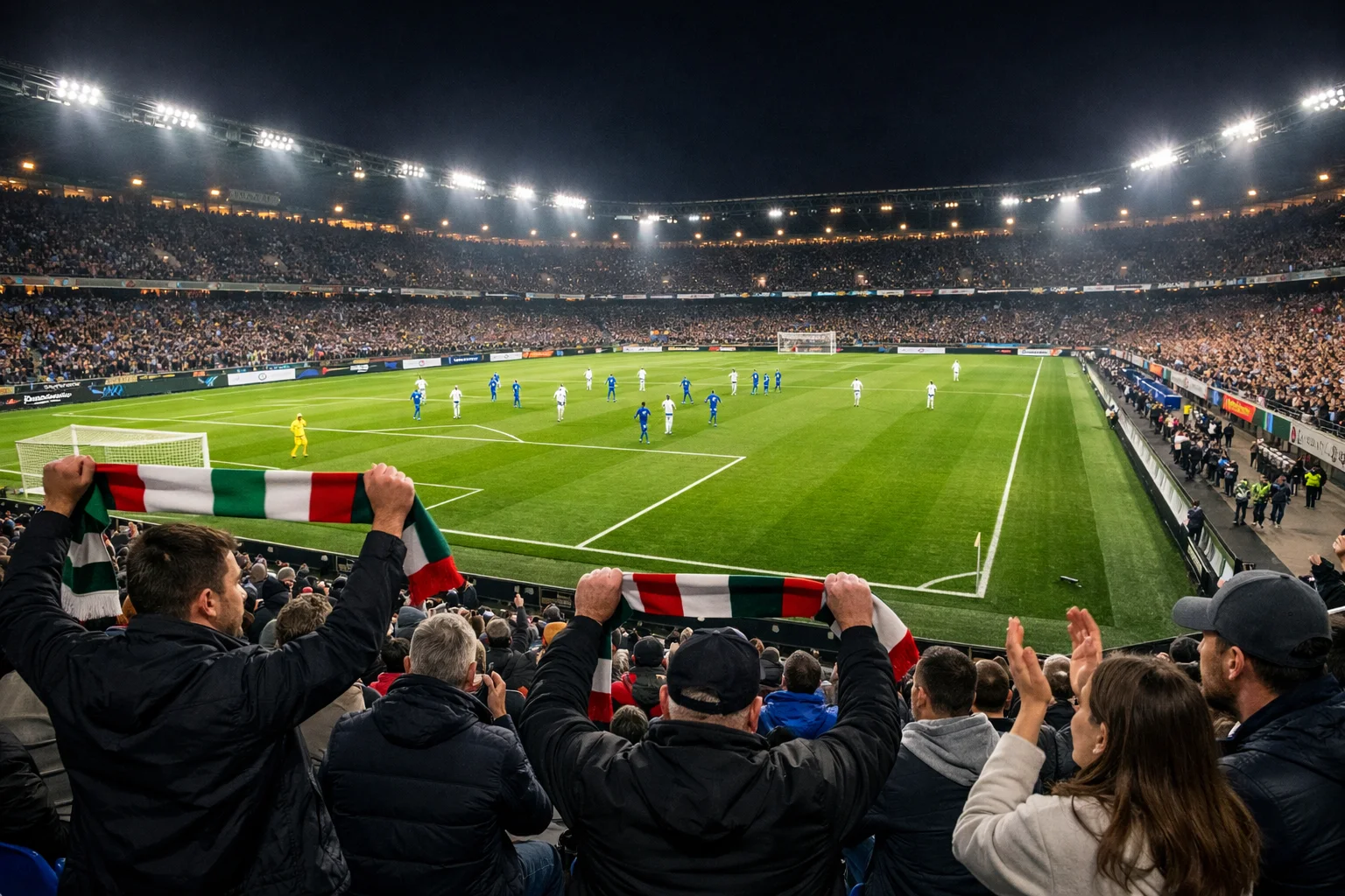 Tifosi esultano sugli spalti di uno stadio di calcio durante una partita serale