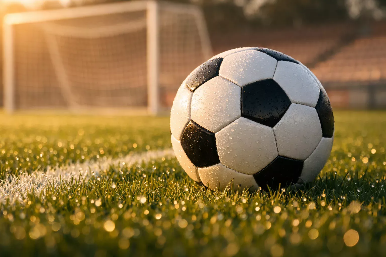 Pallone da calcio su un campo verde illuminato con luce dorata al tramonto