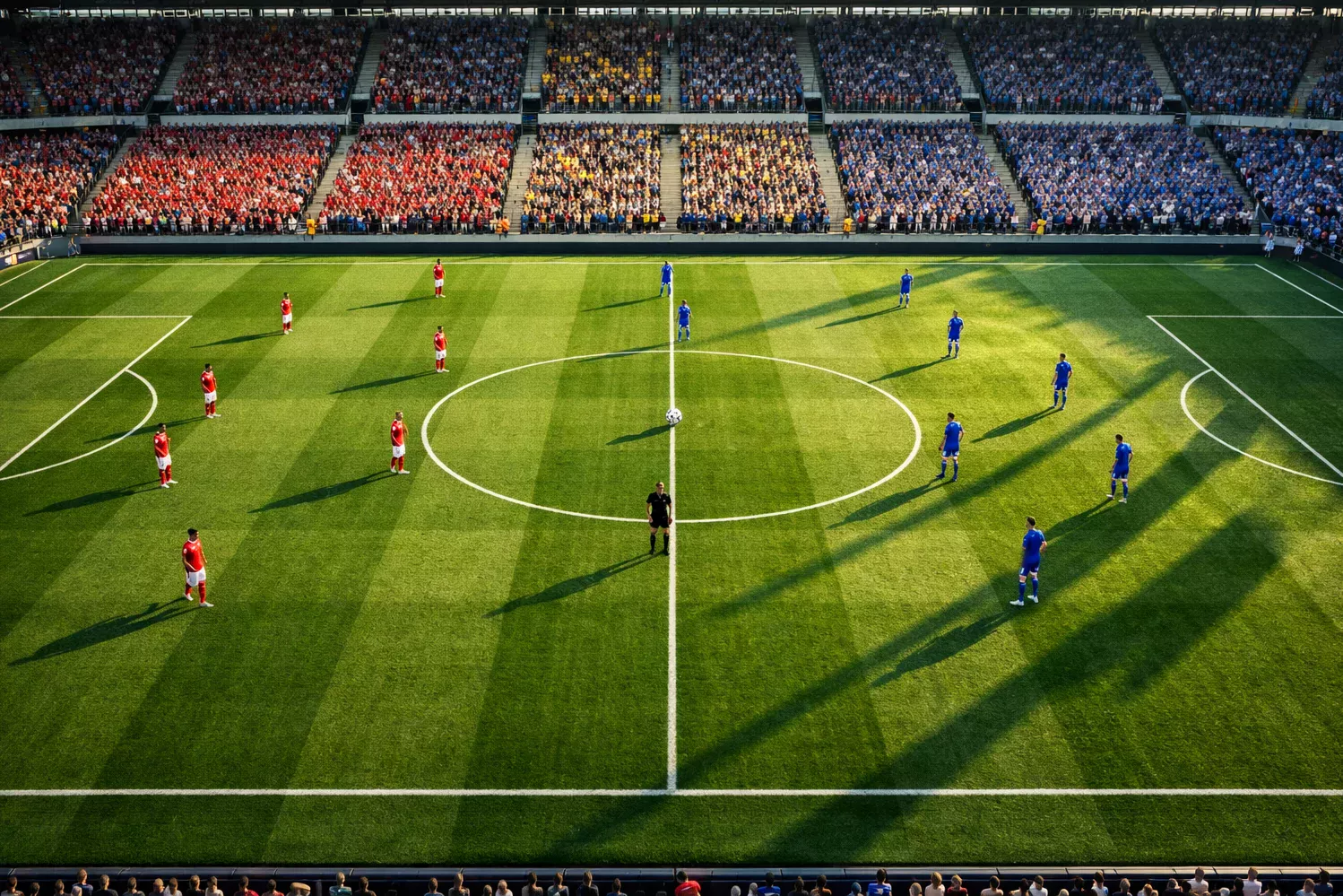 Campo da calcio con righe bianche sul prato verde visto dalla tribuna dello stadio