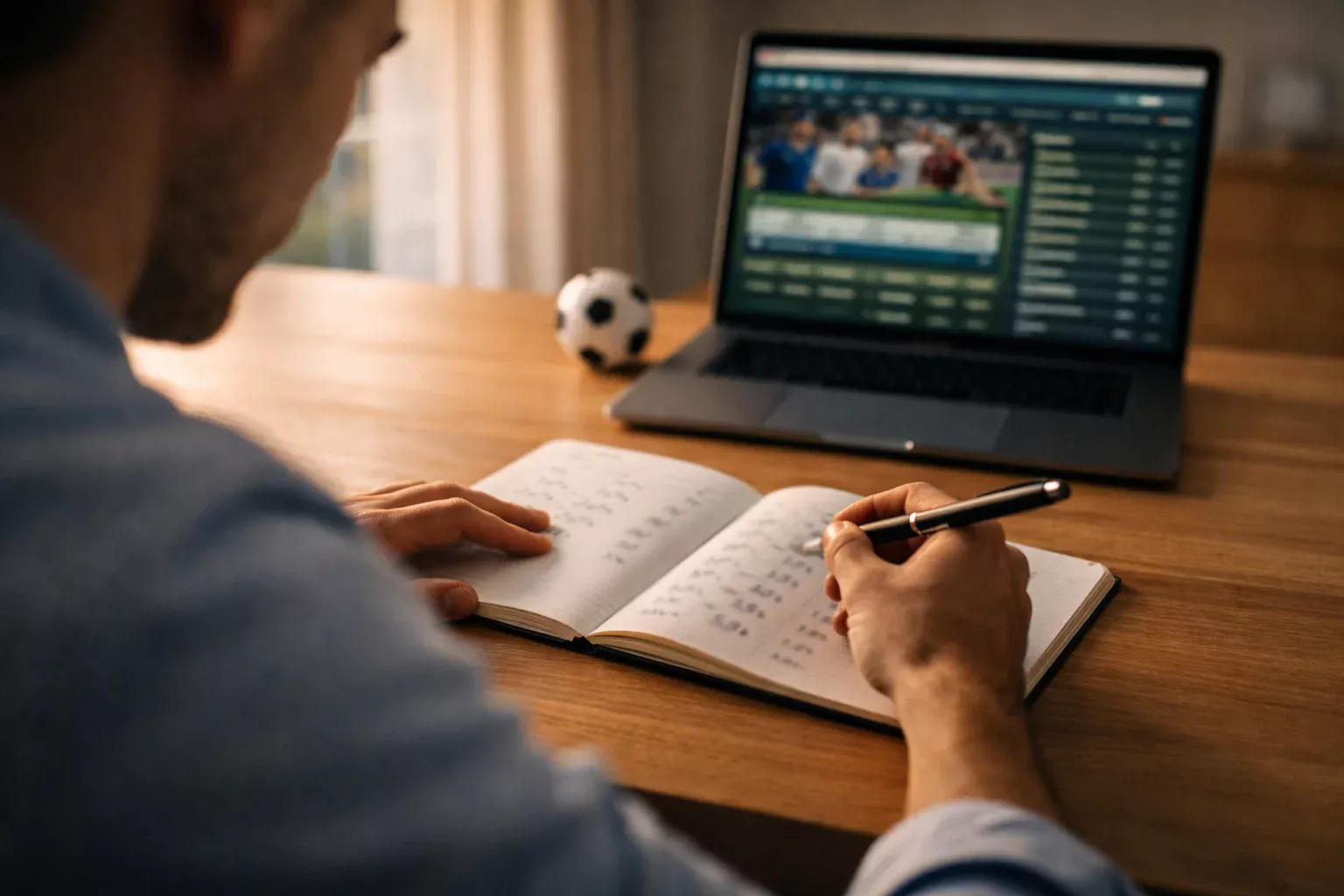 Uomo che analizza quote sportive con foglio di calcolo e appunti sulla scrivania
