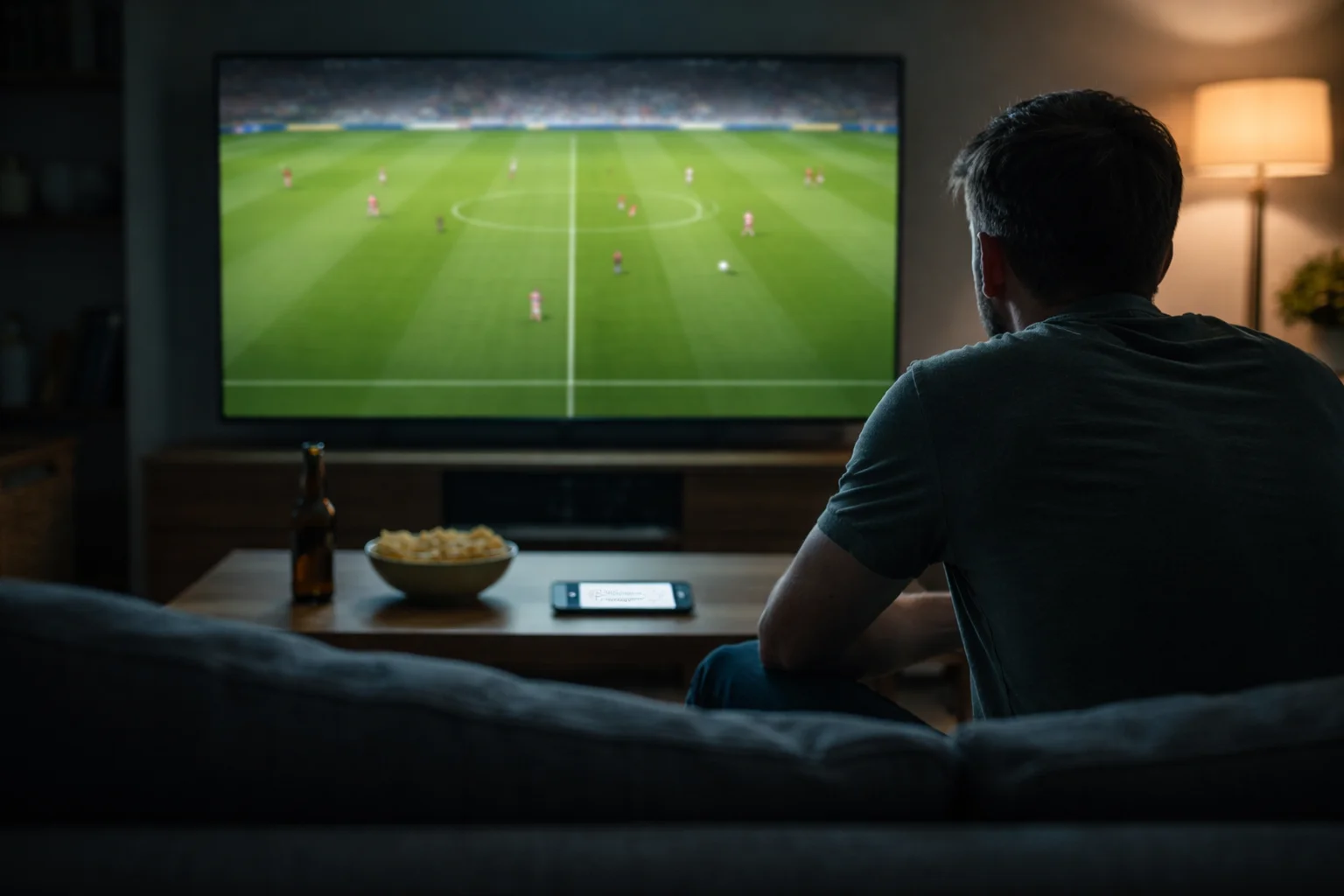 Tifoso che guarda una partita di calcio in diretta streaming su un grande schermo