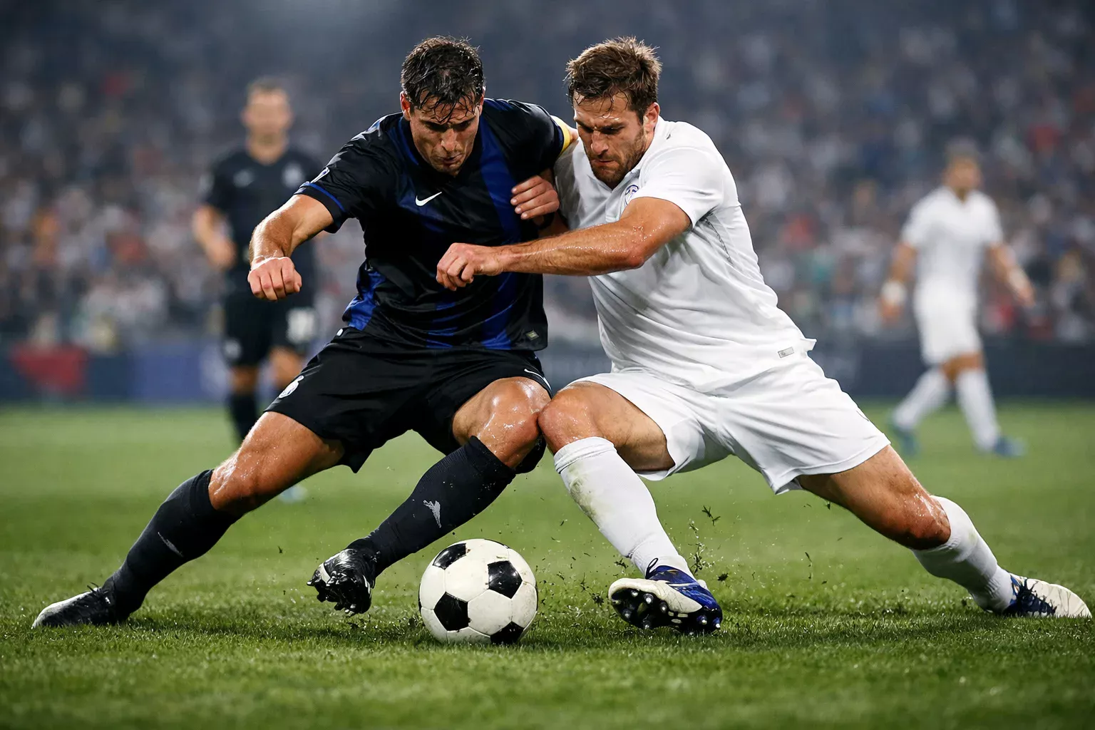 Azione di gioco durante una partita di calcio con due squadre in campo