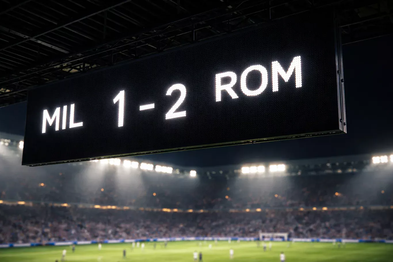 Tabellone luminoso dello stadio di calcio con punteggi durante una partita serale