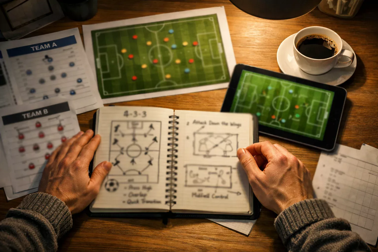 Persona che studia statistiche di calcio con appunti e dati delle partite