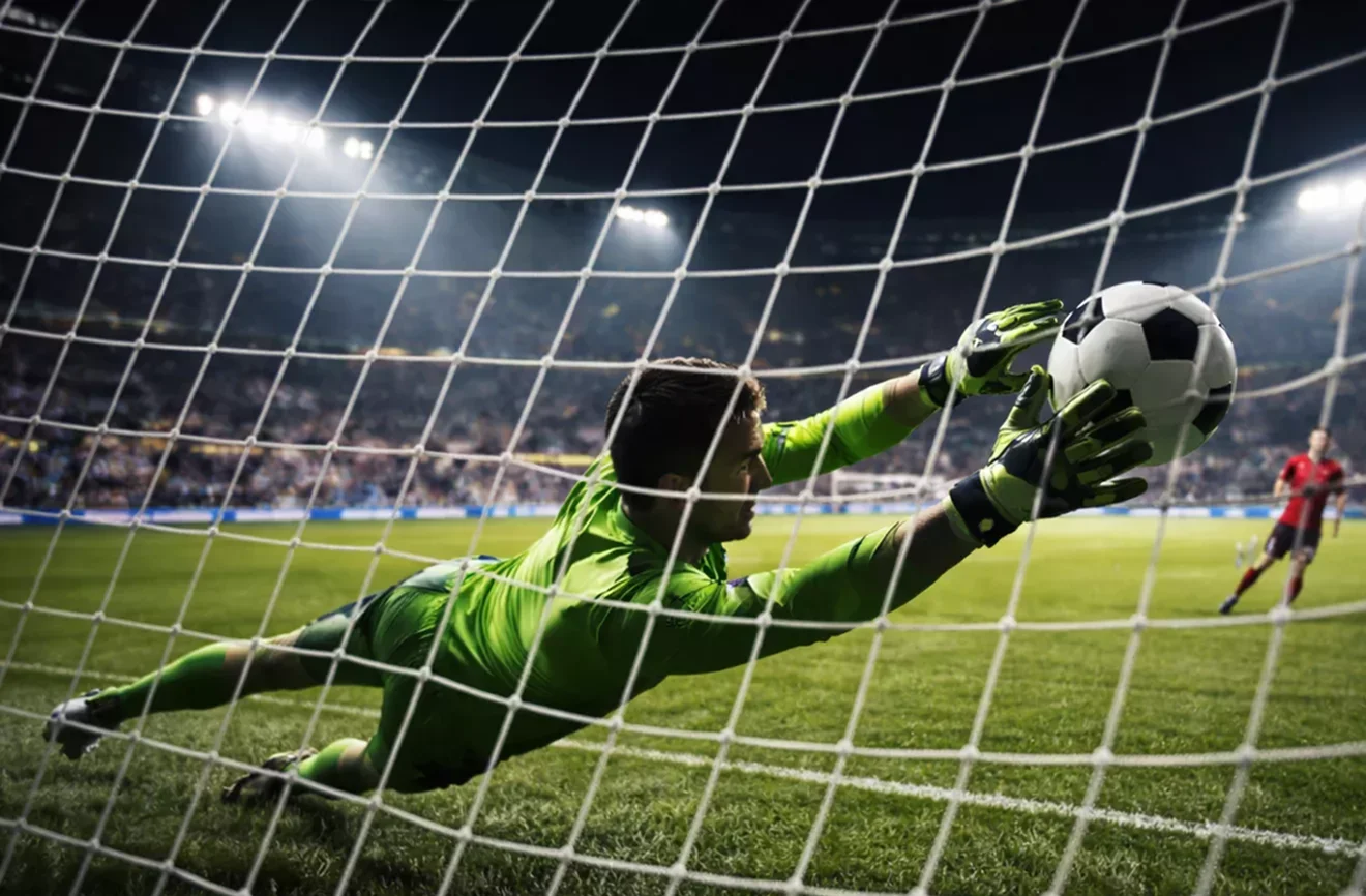 Azione di gioco in area di rigore durante una partita di calcio con portiere in tuffo