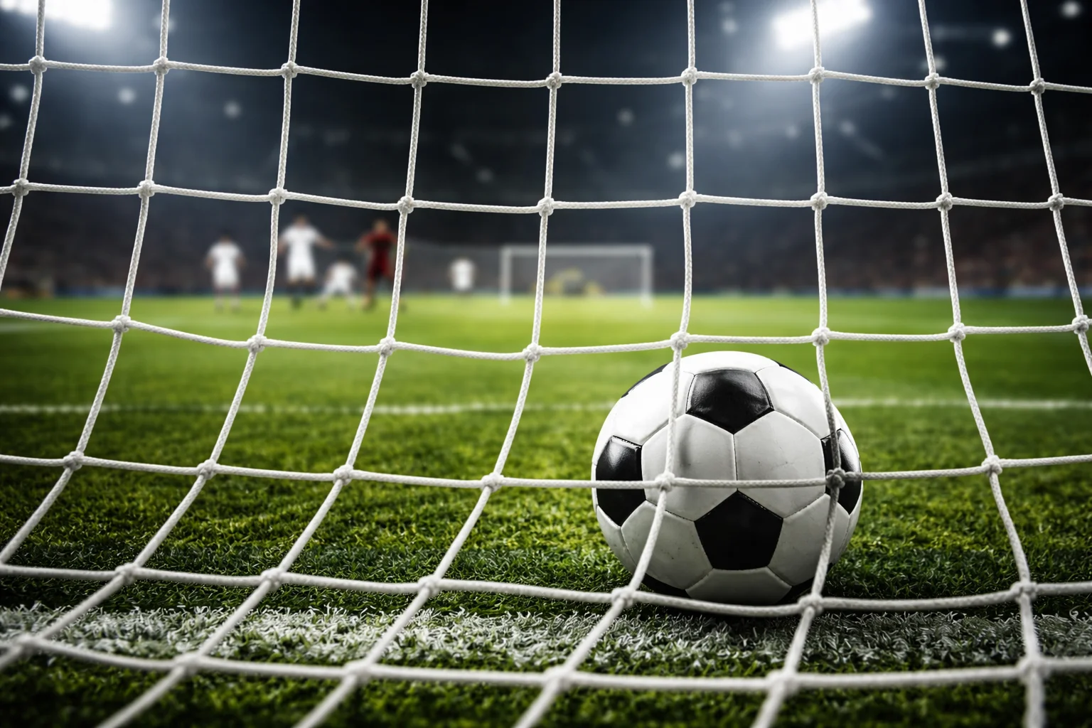 Pallone da calcio nella rete del portiere durante una partita sotto le luci dello stadio
