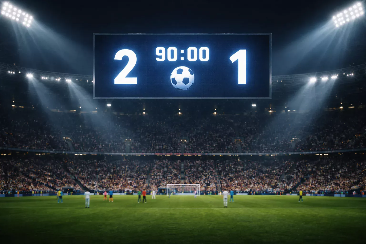 Tabellone luminoso dello stadio che mostra il punteggio di una partita di calcio di sera