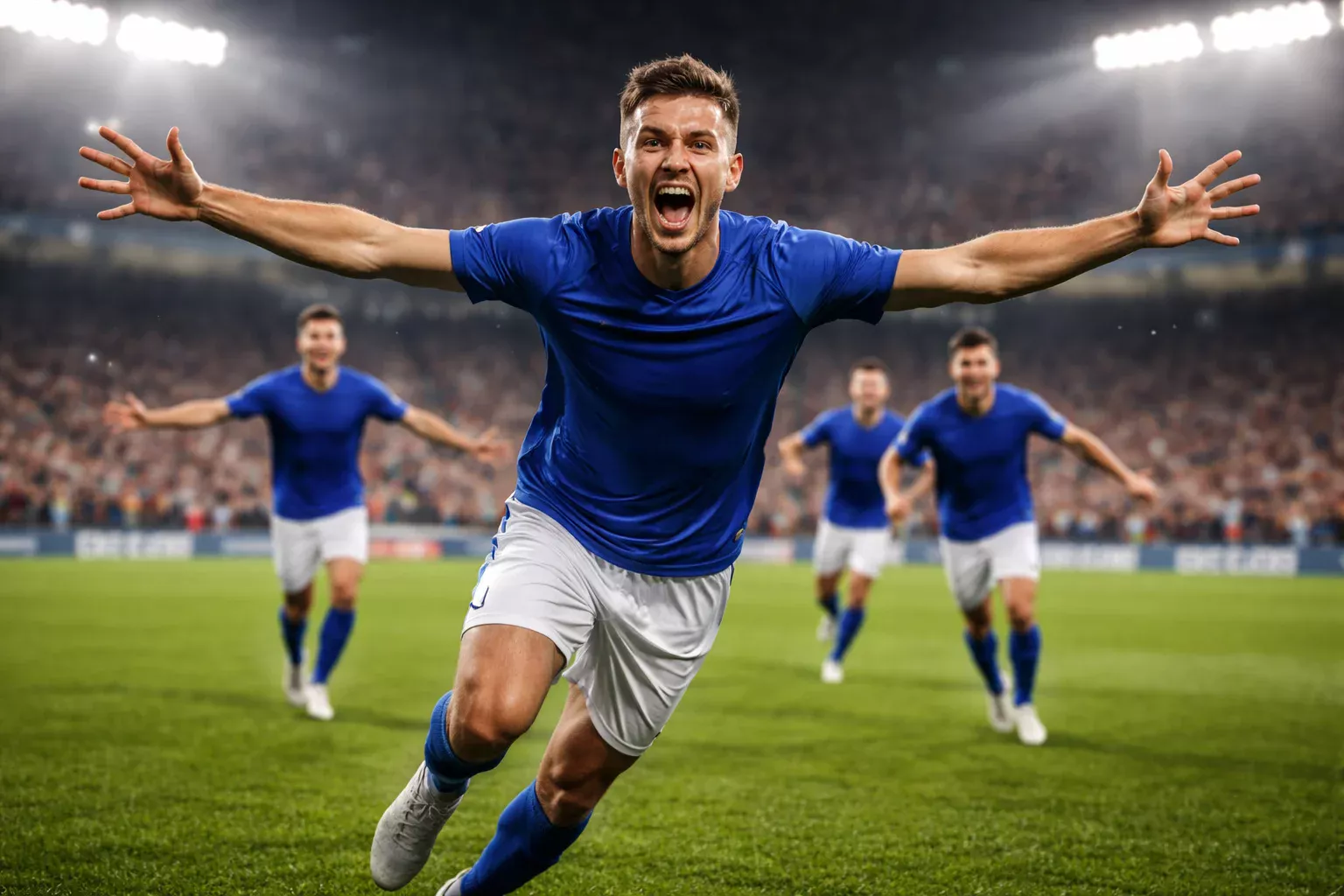 Attaccante di calcio che esulta dopo aver segnato un gol sotto i riflettori dello stadio