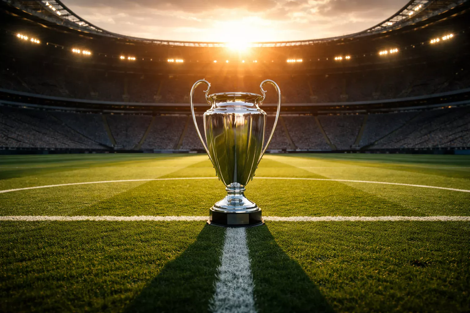 Trofeo di campionato di calcio esposto sul campo verde dello stadio con luci serali