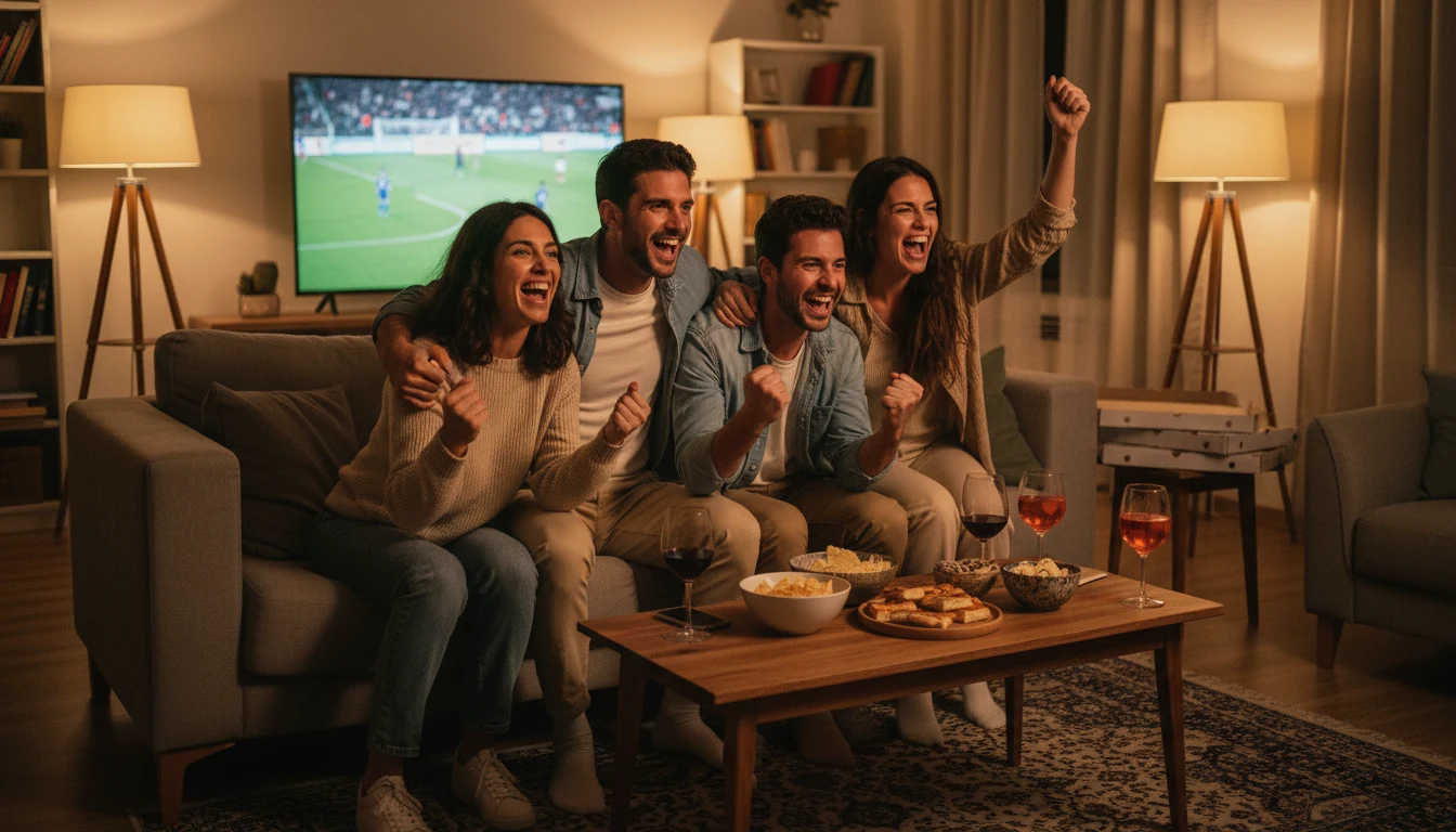 Gruppo di amici che festeggiano guardando una partita di calcio insieme