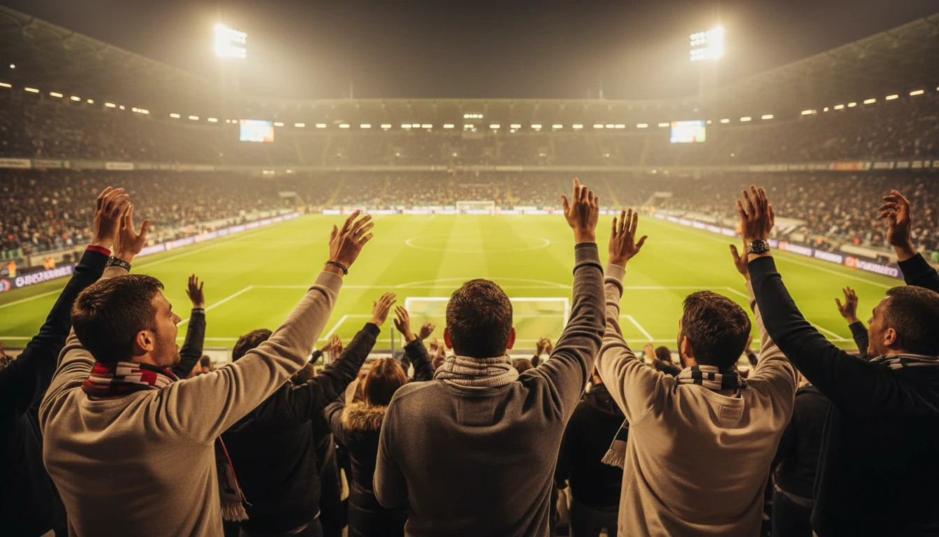 Tifosi di calcio che guardano una partita allo stadio con atmosfera serale