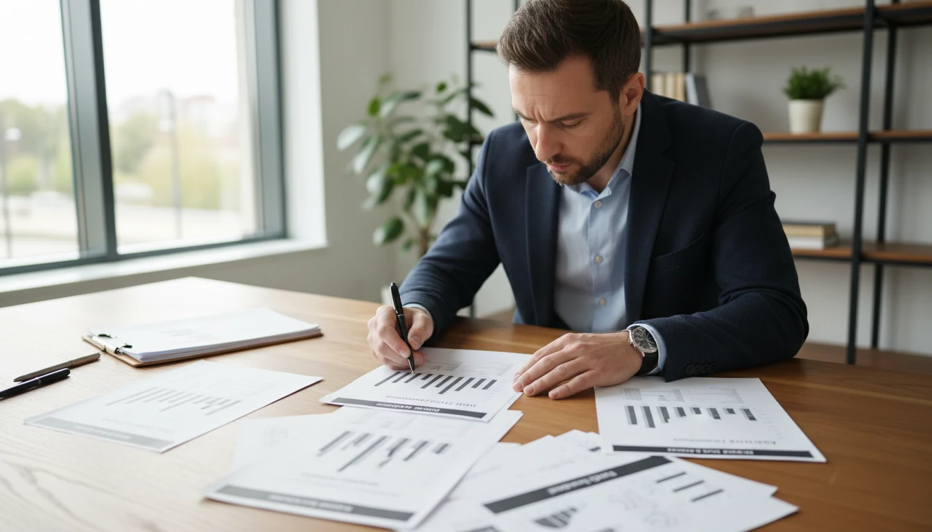 Analista che esamina dati statistici sul calcio con documenti e grafici