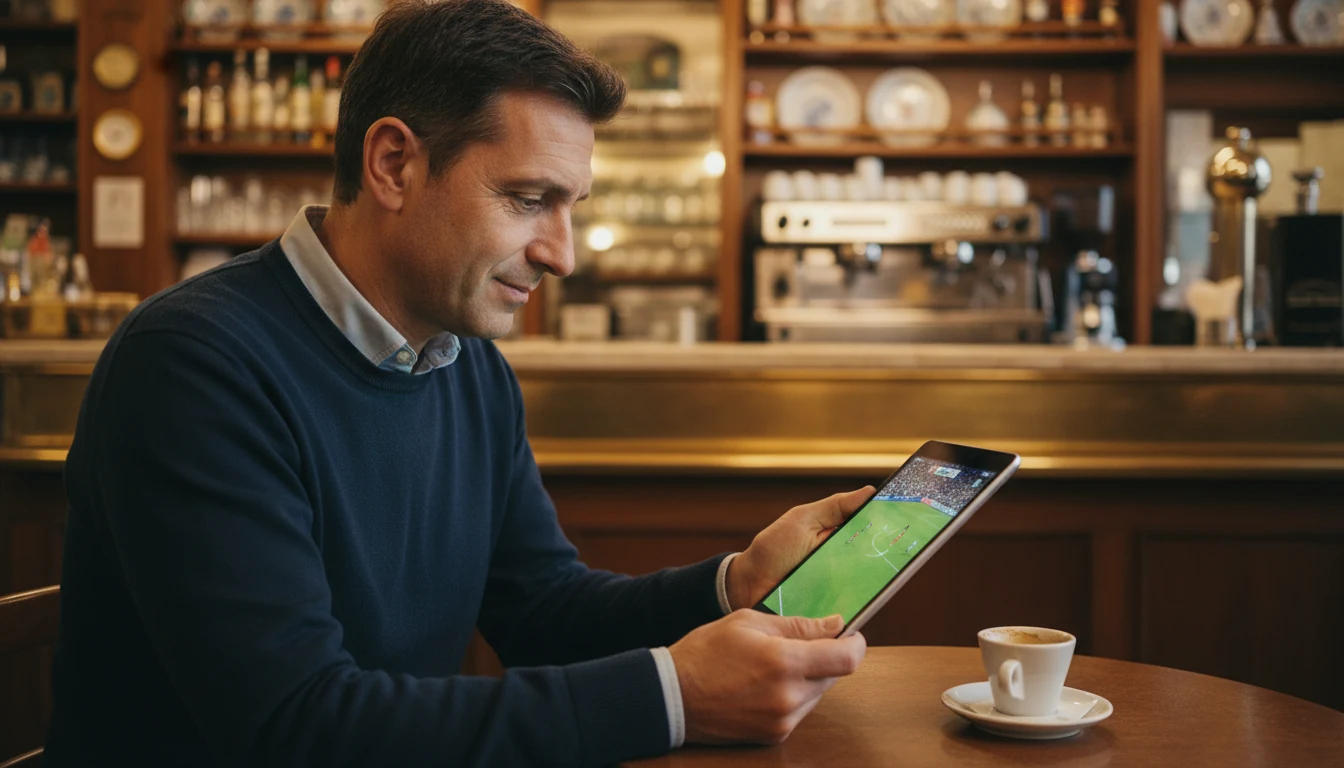 Scommettitore che segue una partita di Serie A su tablet in un bar