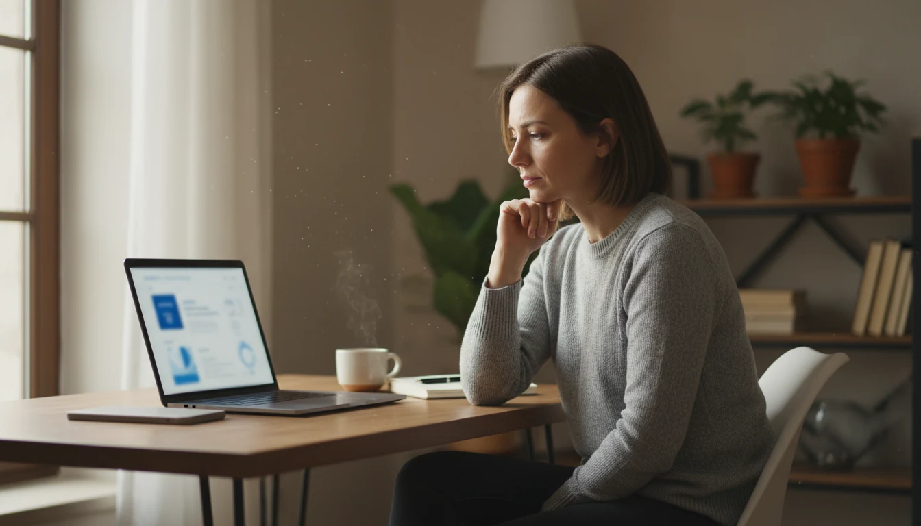 Persona pensierosa che riflette davanti a un laptop con scommesse