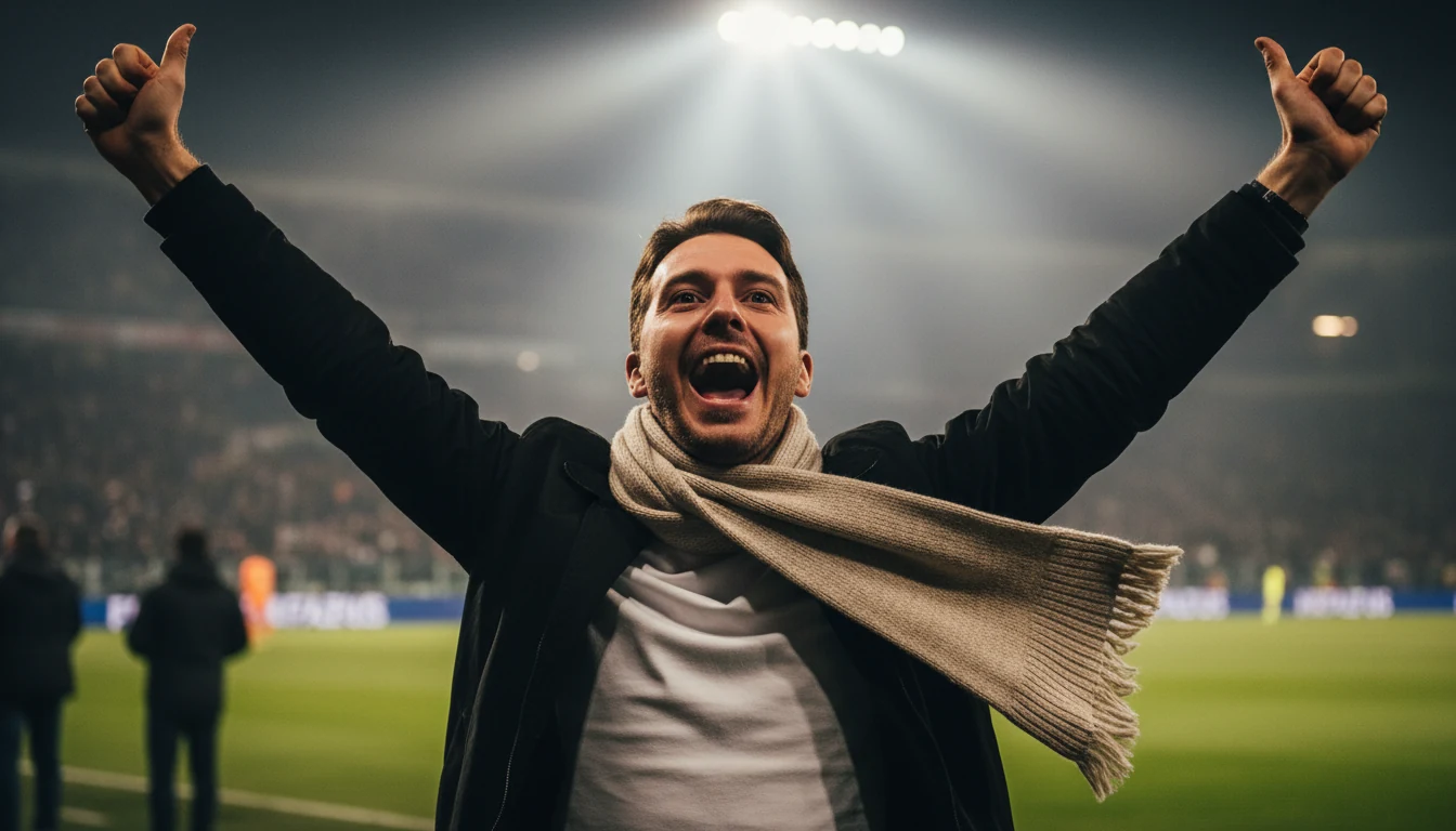 Tifoso esultante allo stadio durante una partita di calcio serale