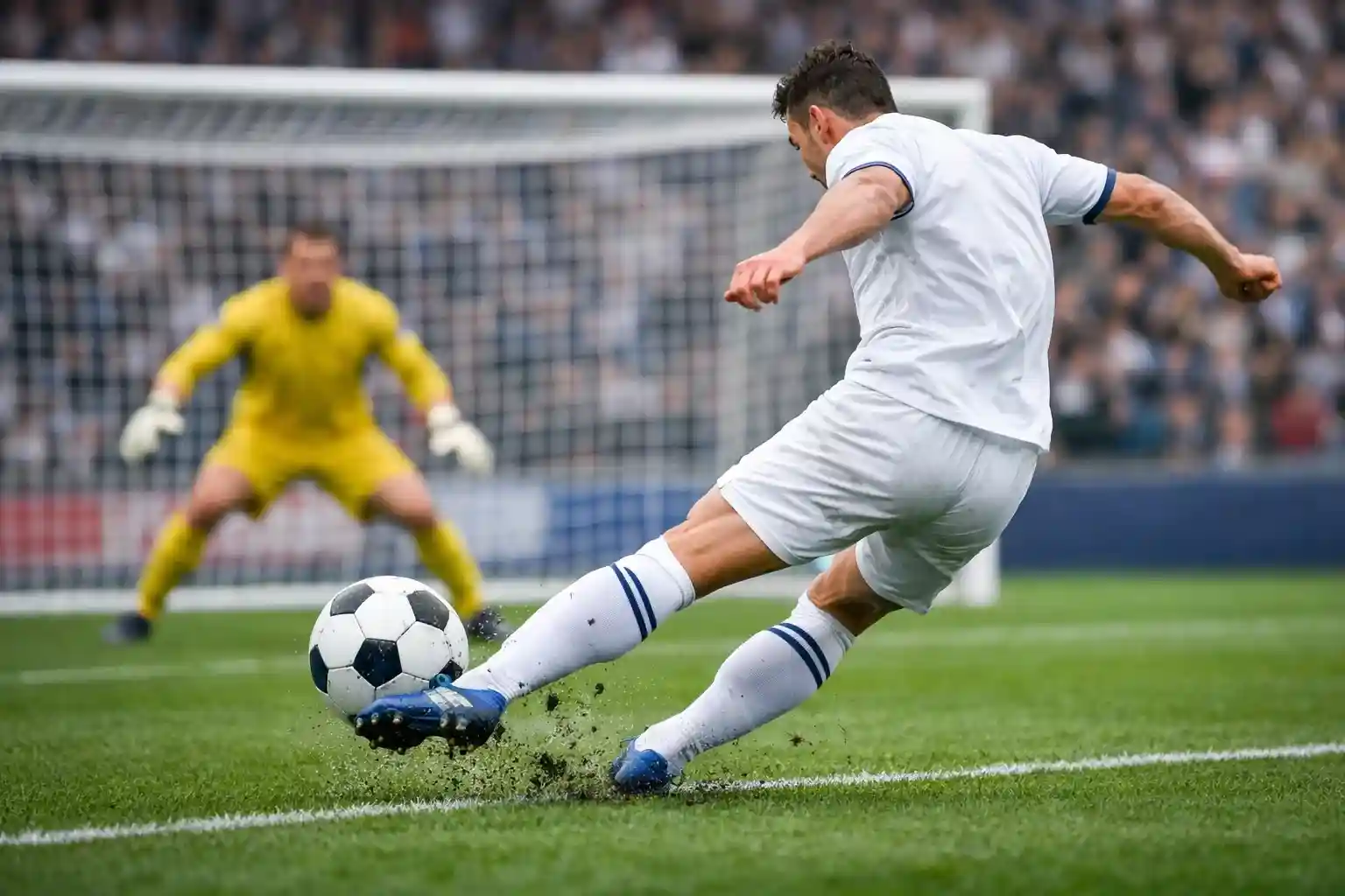 Attaccante che calcia verso la porta avversaria durante una partita