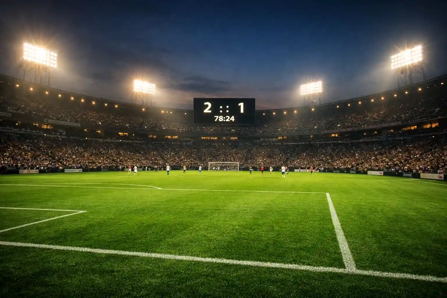 Campo di calcio con tabellone segnapunti durante una partita serale