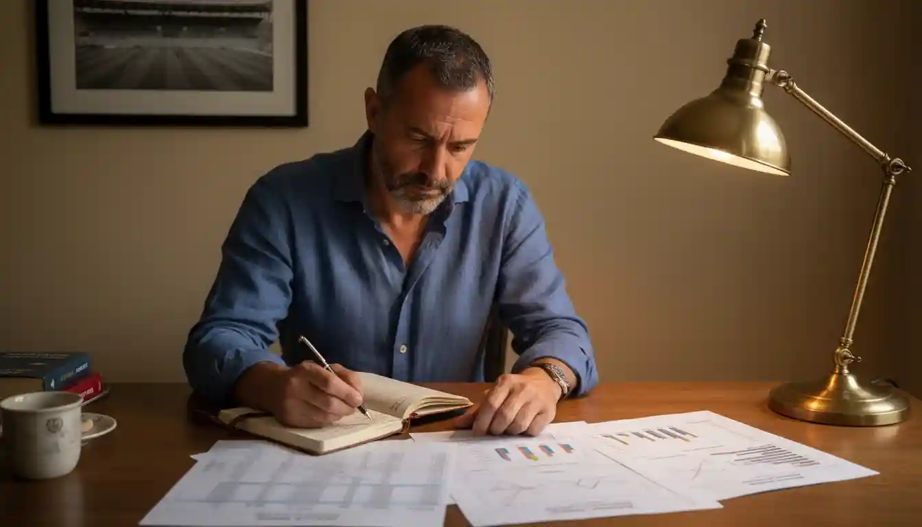 Scommettitore che studia le statistiche delle partite su documenti