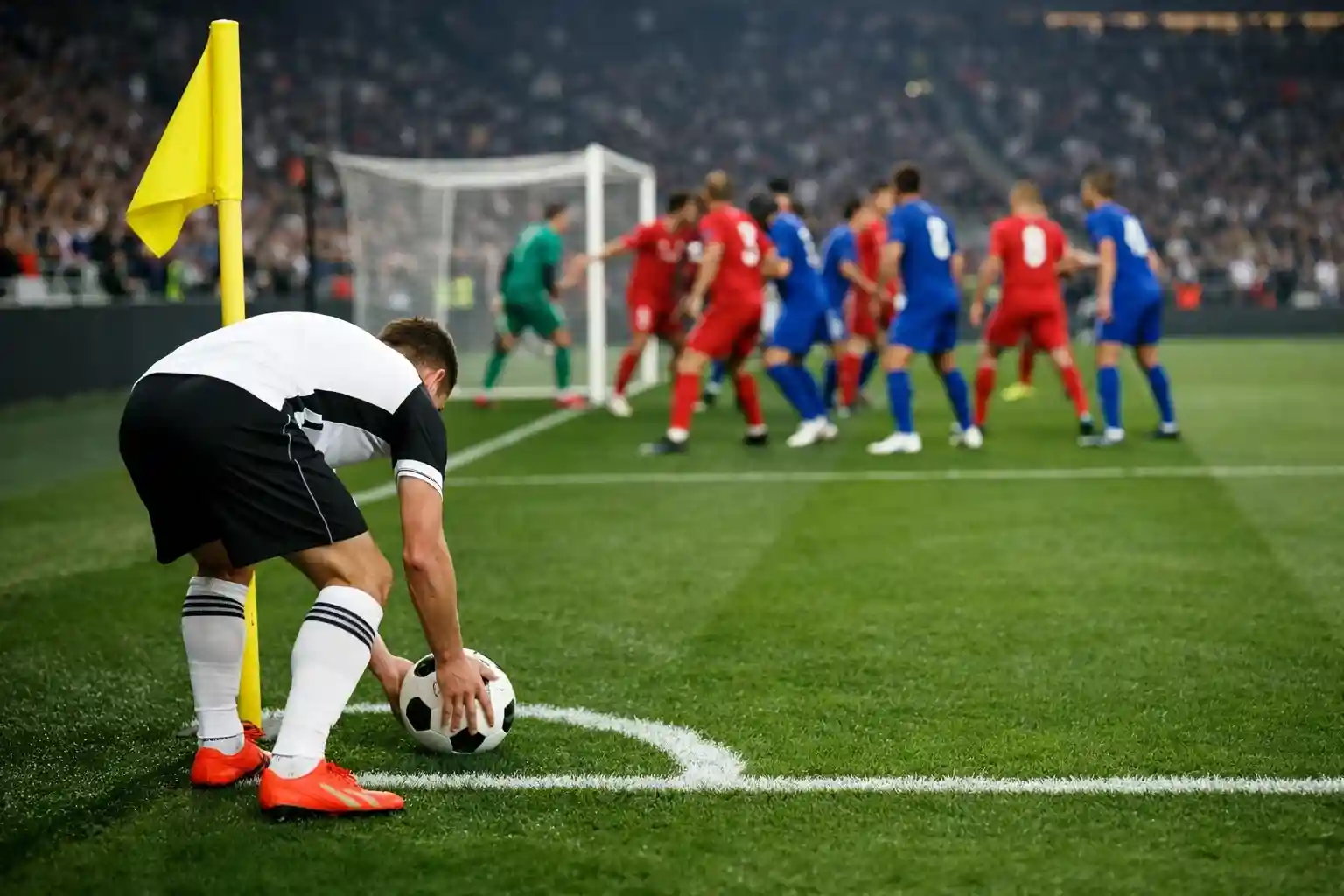 Calcio d'angolo battuto durante una partita con giocatori in area
