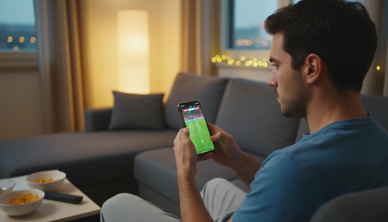Tifoso che guarda una partita in diretta su smartphone con espressione concentrata