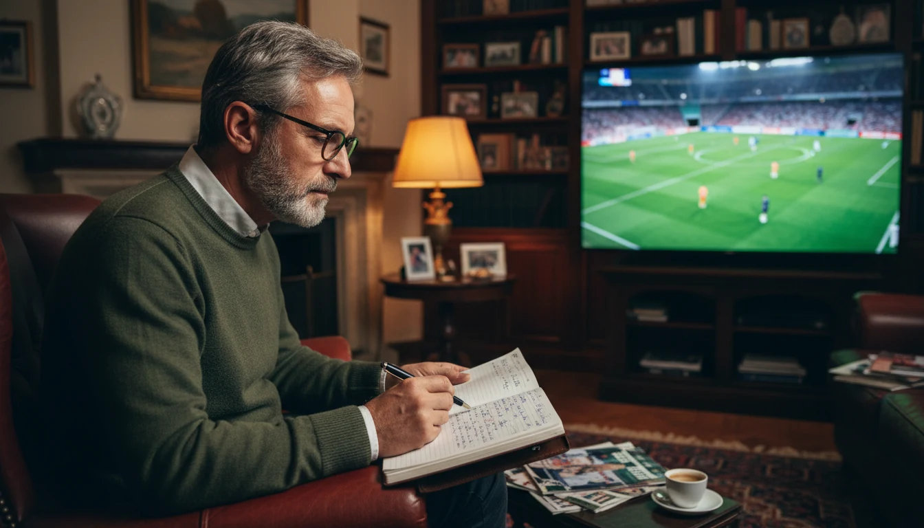 Scommettitore esperto che prende appunti guardando una partita in TV