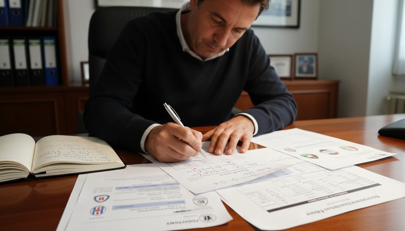 Analista che elabora statistiche calcistiche con carta e penna