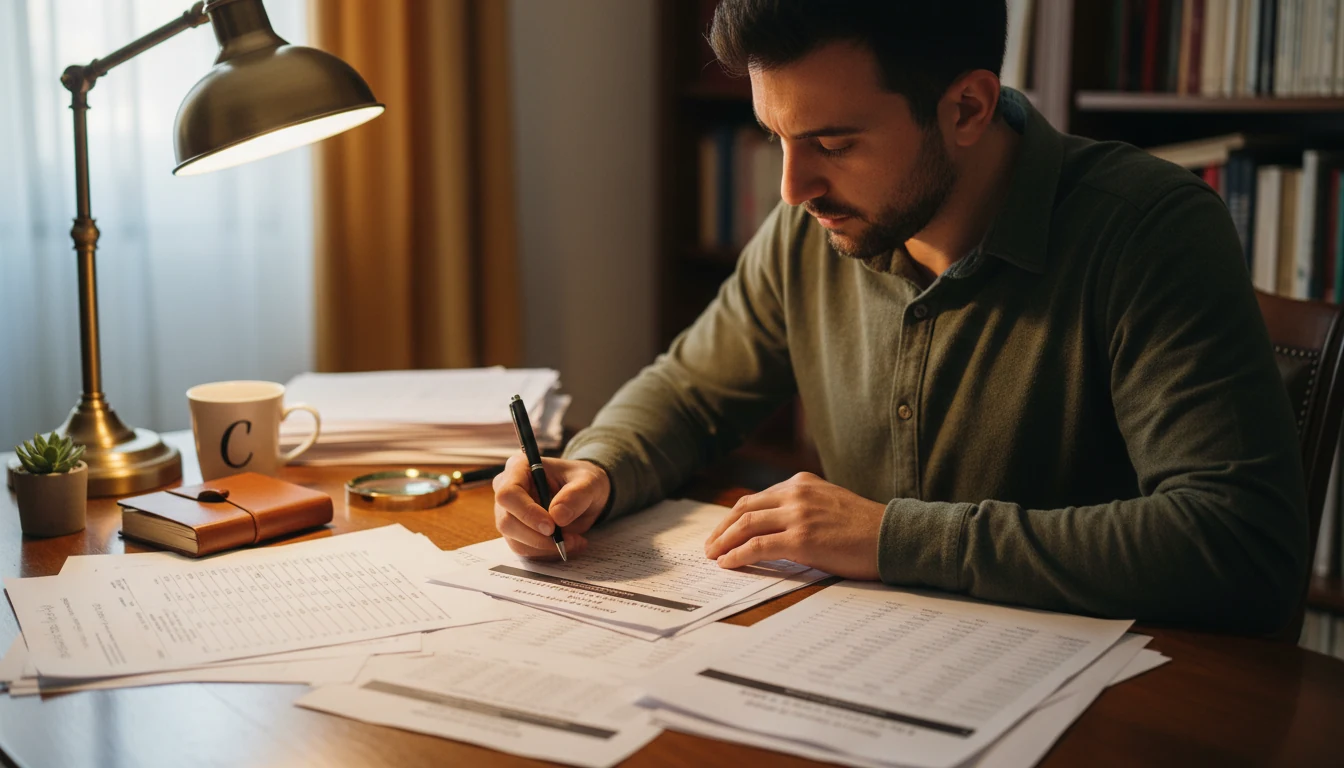 Persona che studia diversi formati di quote su documenti stampati