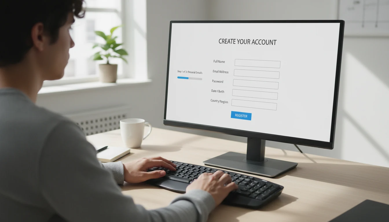 Giovane utente completa registrazione online su computer desktop