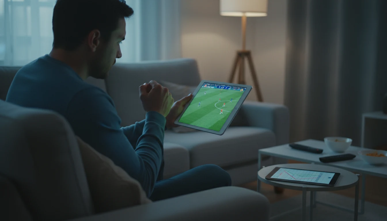 Tifoso segue partita di calcio in diretta su tablet mentre consulta quote